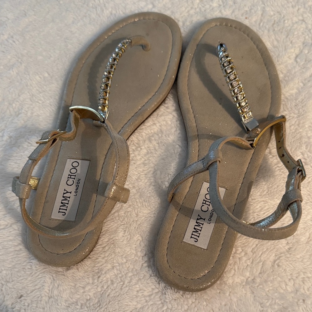 Jimmy Choo Silver Sandals with Gold Chain